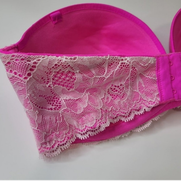 Victoria's Secret Push-Up Strapless Hot Pink Jewel Lace Underwire Ivory 32D Bra - Picture 10 of 12